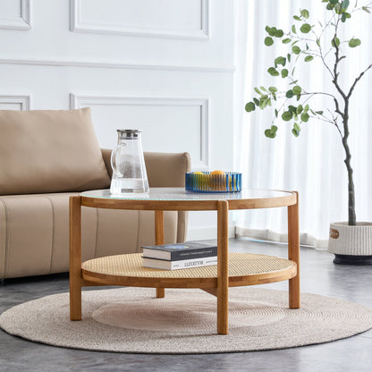 Modern simple circular double-layer solid wood tea table rattan woven