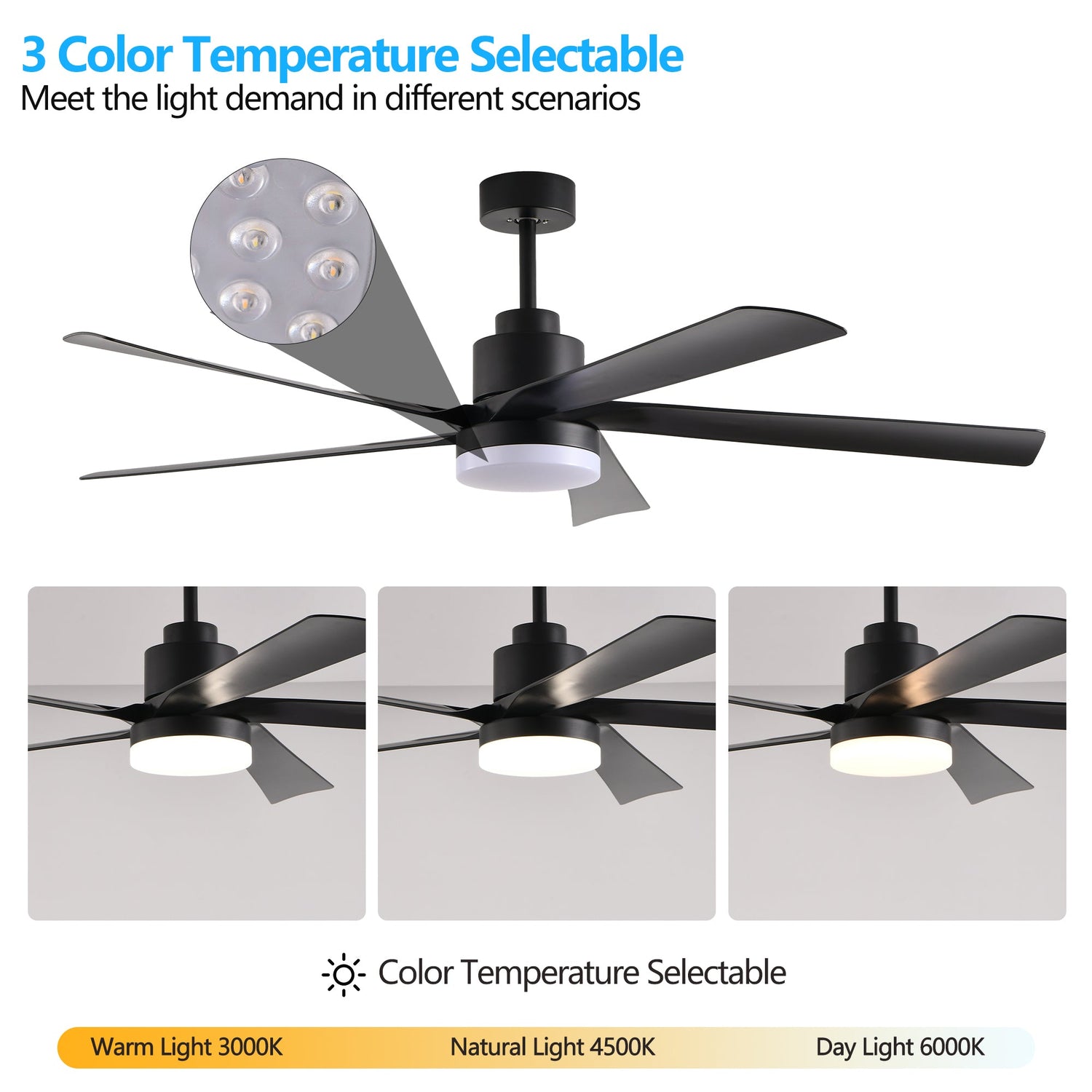 65 Inch Black Ceiling Fan with Light, 5-Blade Dimmable LED Ceiling Fan