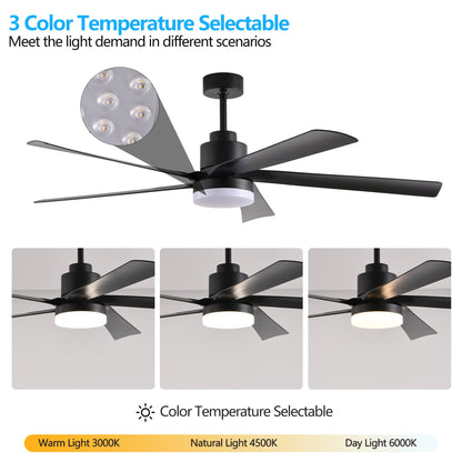 65 Inch Black Ceiling Fan with Light, 5-Blade Dimmable LED Ceiling Fan