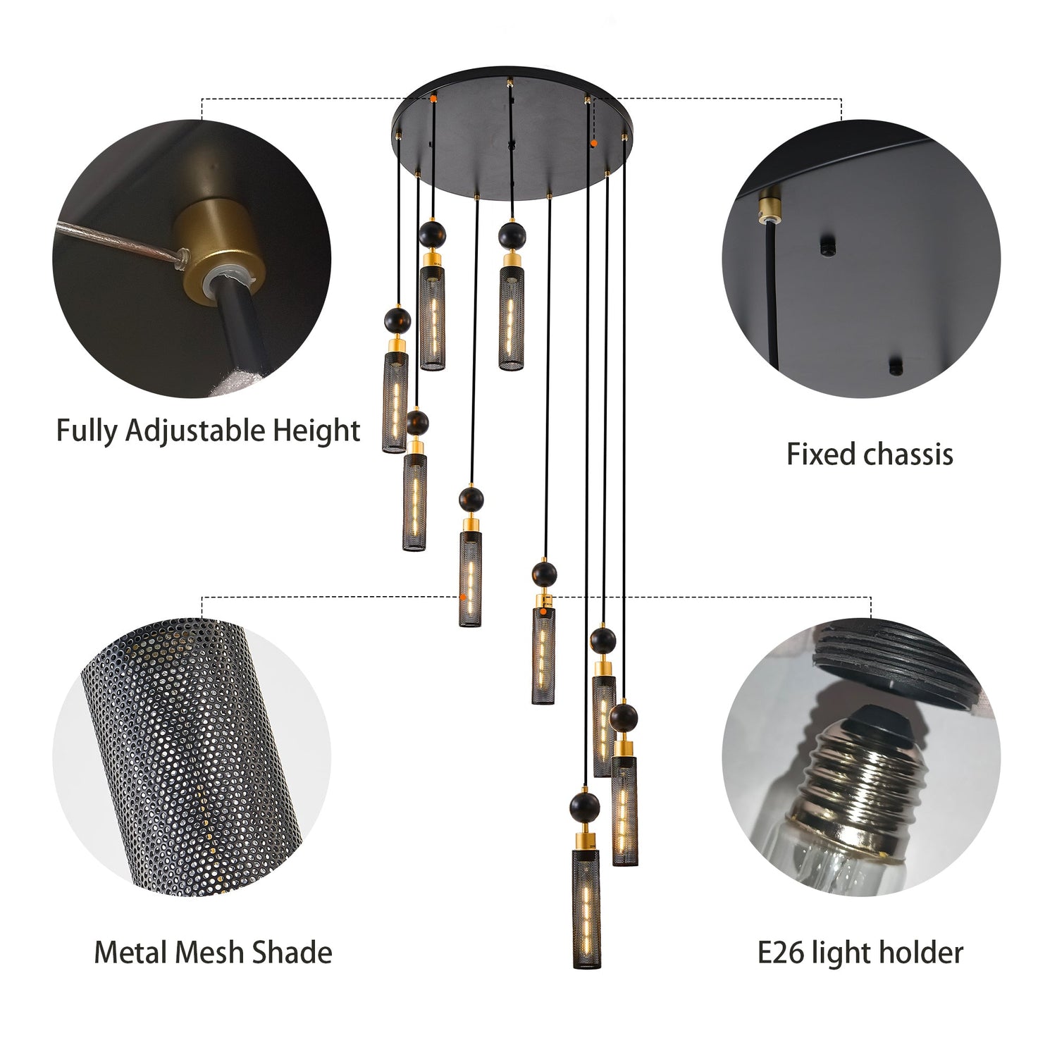 Modern Industrial Multi-Light Pendant Chandelier - 9-Light Black and