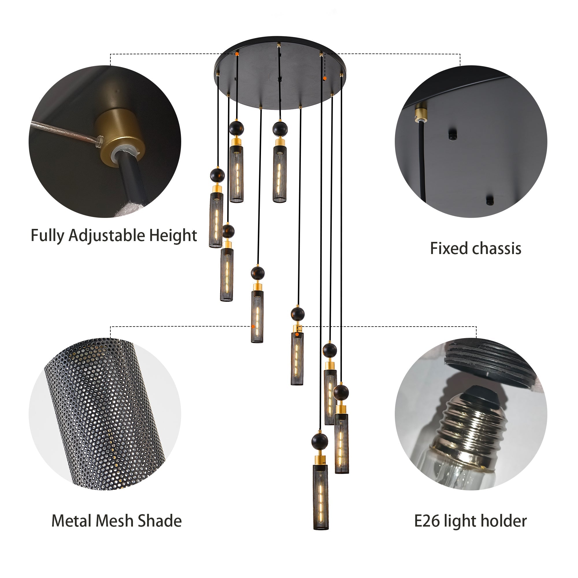 Modern Industrial Multi-Light Pendant Chandelier - 9-Light Black and