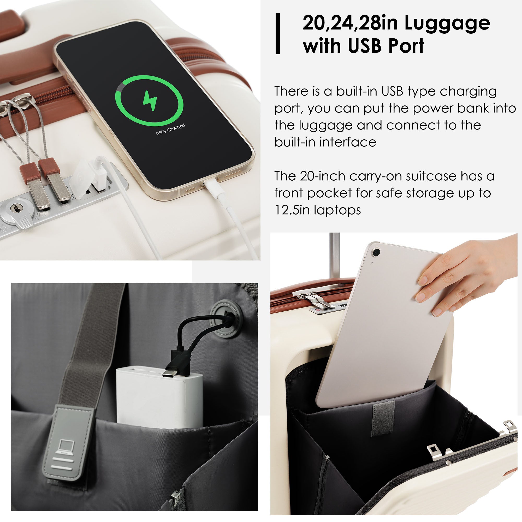 4-Piece Luggage Set with USB Charging Ports - 20in Carry-On