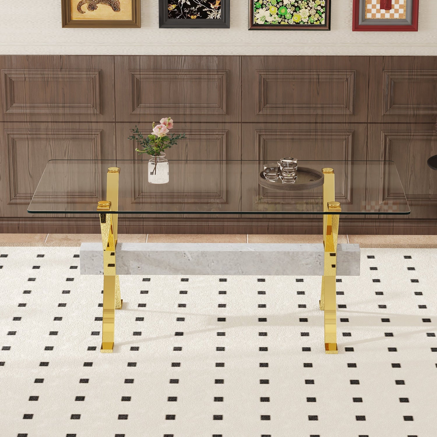 Modern tempered glass dining table. Large modern office desk with gold