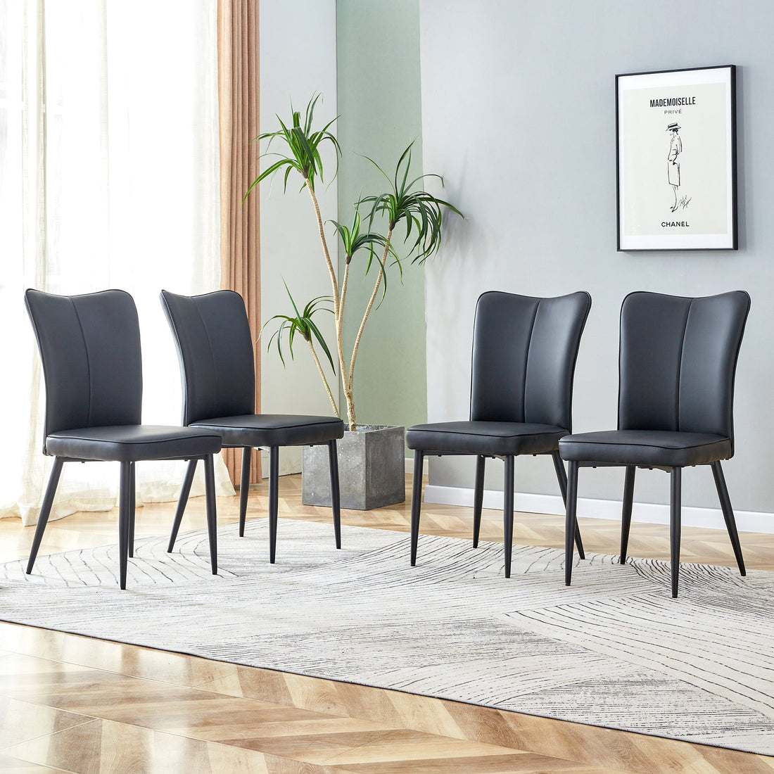 Modern Black PU Chair Set - Four Pieces, The backrest has a vertical