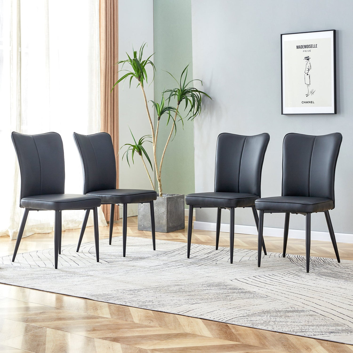 Modern Black PU Chair Set - Four Pieces, The backrest has a vertical