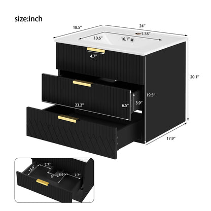 24inch Wall Mounted Floating Cabinet w/Double Drawer, Floating