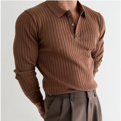 Lapel Button Long Sleeve Polo Shirt Slim Fashion Solid Striped Knitted