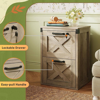 2 Drawer File Cabinet with Lock, Wood Farmhouse Filing Cabinet for
