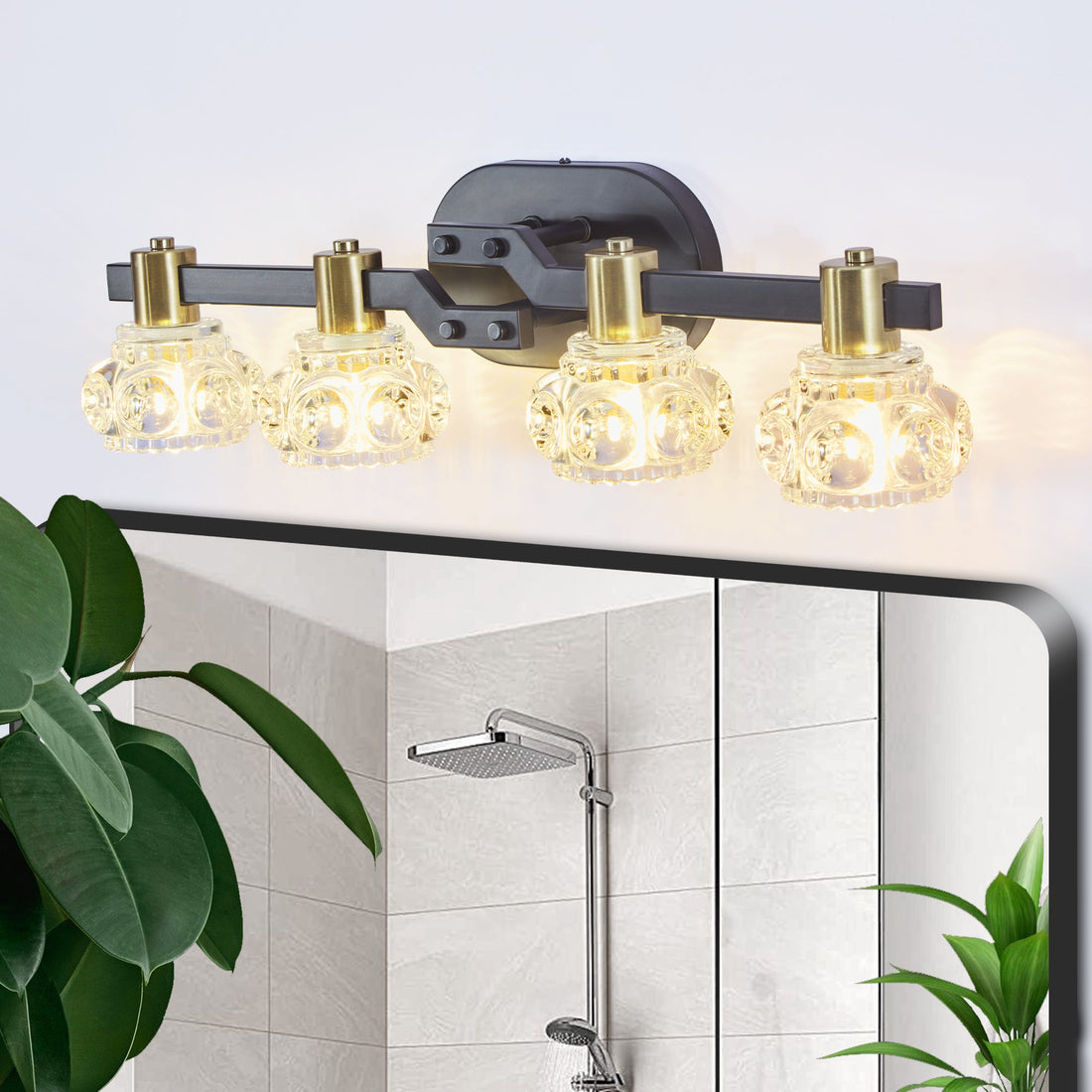 Vintage 4-Light Wall Sconce with Clear Crystal Shades, Black Iron