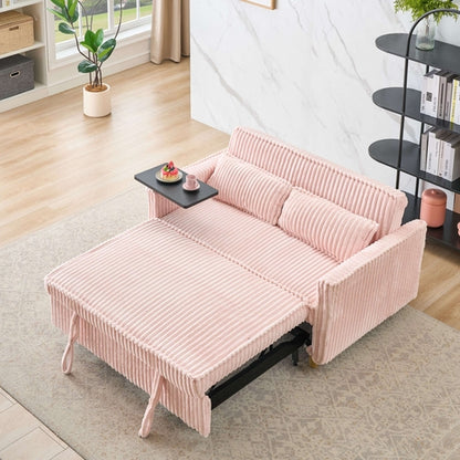 The pull-out and push-in pink corduroy sofa with dual functions,