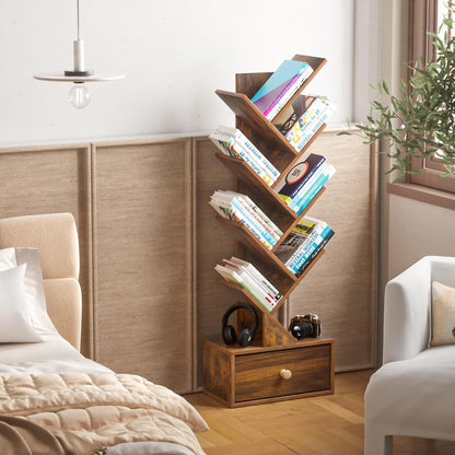 8 Tier Tree Bookshelf with Drawer, Free Standing Wood Bookcase for