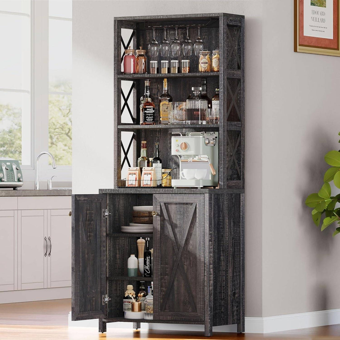 67&quot; Tall Wine Bar Cabinet for Liquor and Glasses, Farmhouse Kitchen