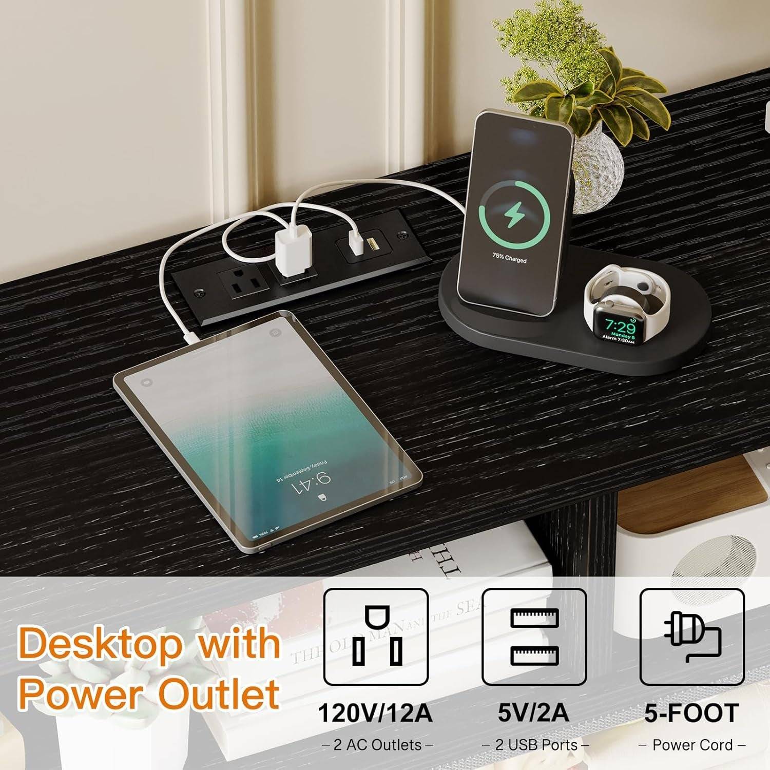 Black Dresser for Bedroom with Power Outlets and LED Lights, 55 Inch