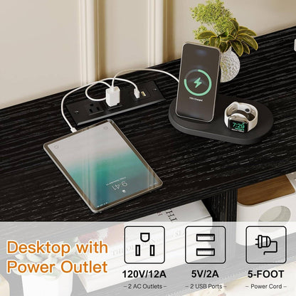 Black Dresser for Bedroom with Power Outlets and LED Lights, 55 Inch