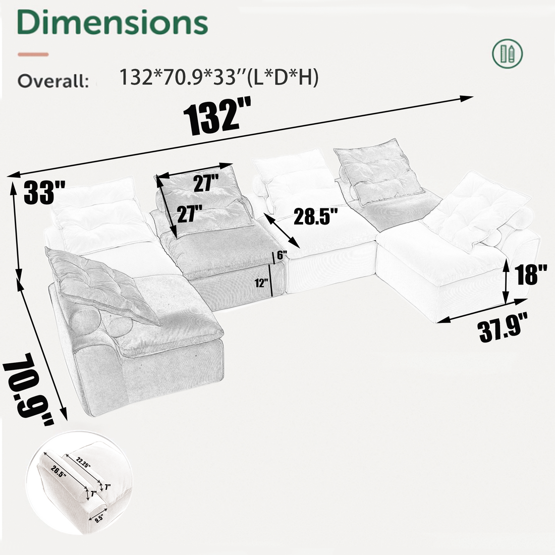 Modular Sofa,No Armrests,At will DIY,Corduroy ,Neck Pillow-Back Lounge