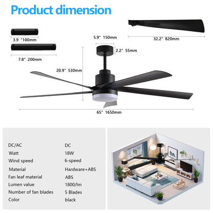 65 Inch Black Ceiling Fan with Light, 5-Blade Dimmable LED Ceiling Fan