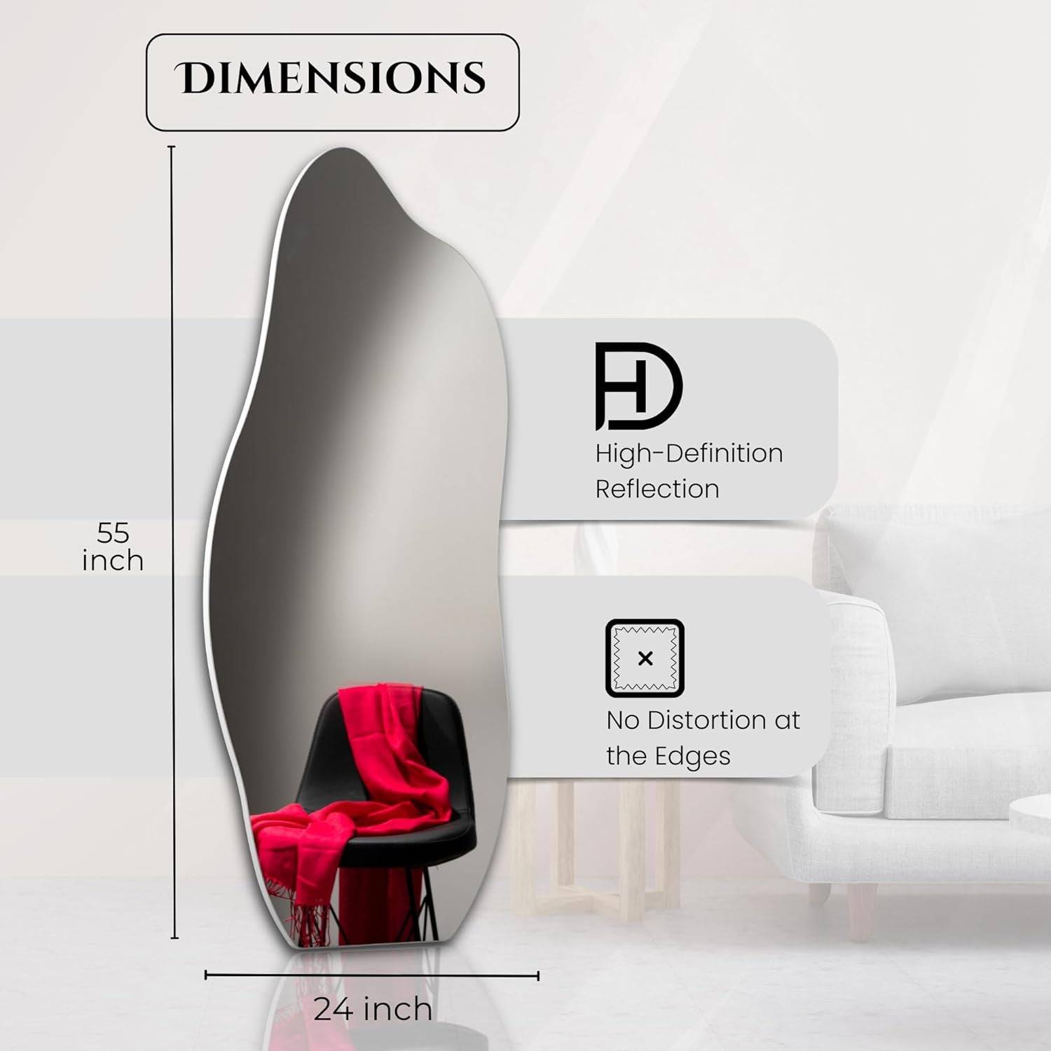 Black Frameless Irregular Mirror 55x24, Wall, Living, Bed