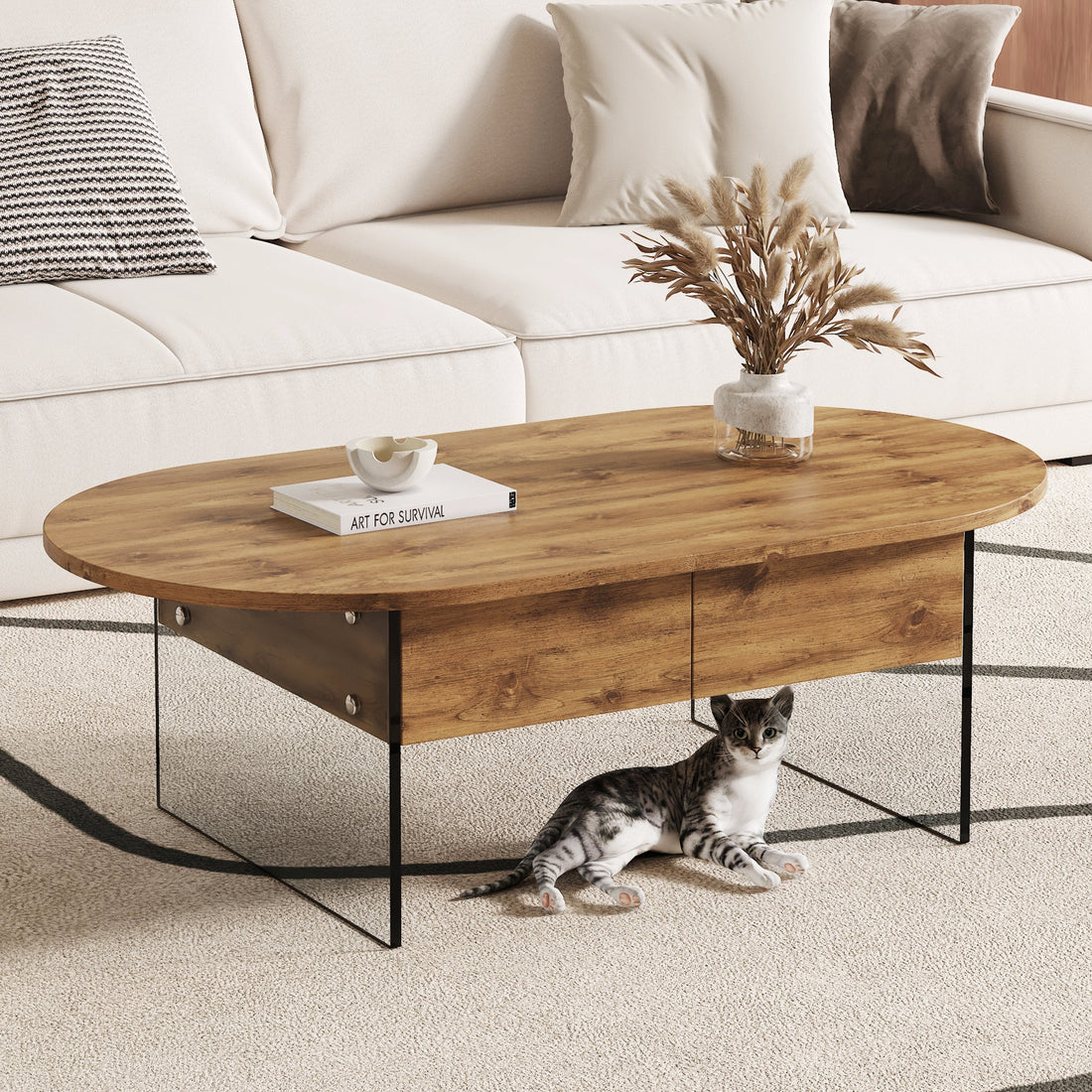 Cozy Natural Oval Double Drawer Coffee Table - 43.3&