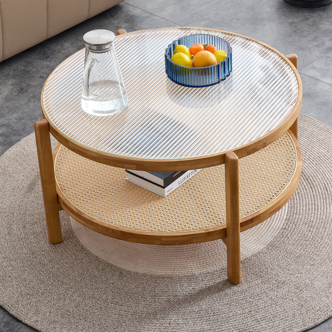 Modern simple circular double-layer solid wood tea table rattan woven