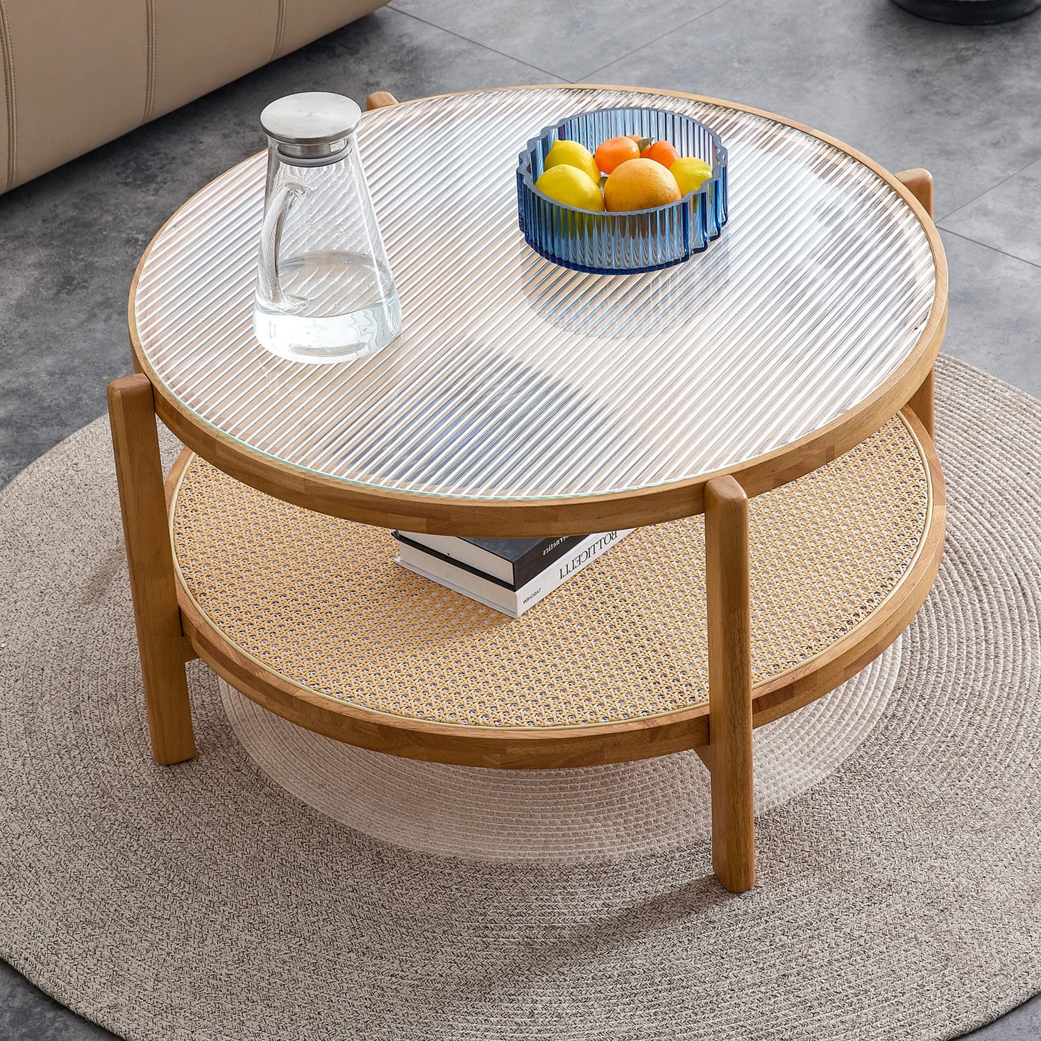 Modern simple circular double-layer solid wood tea table rattan woven