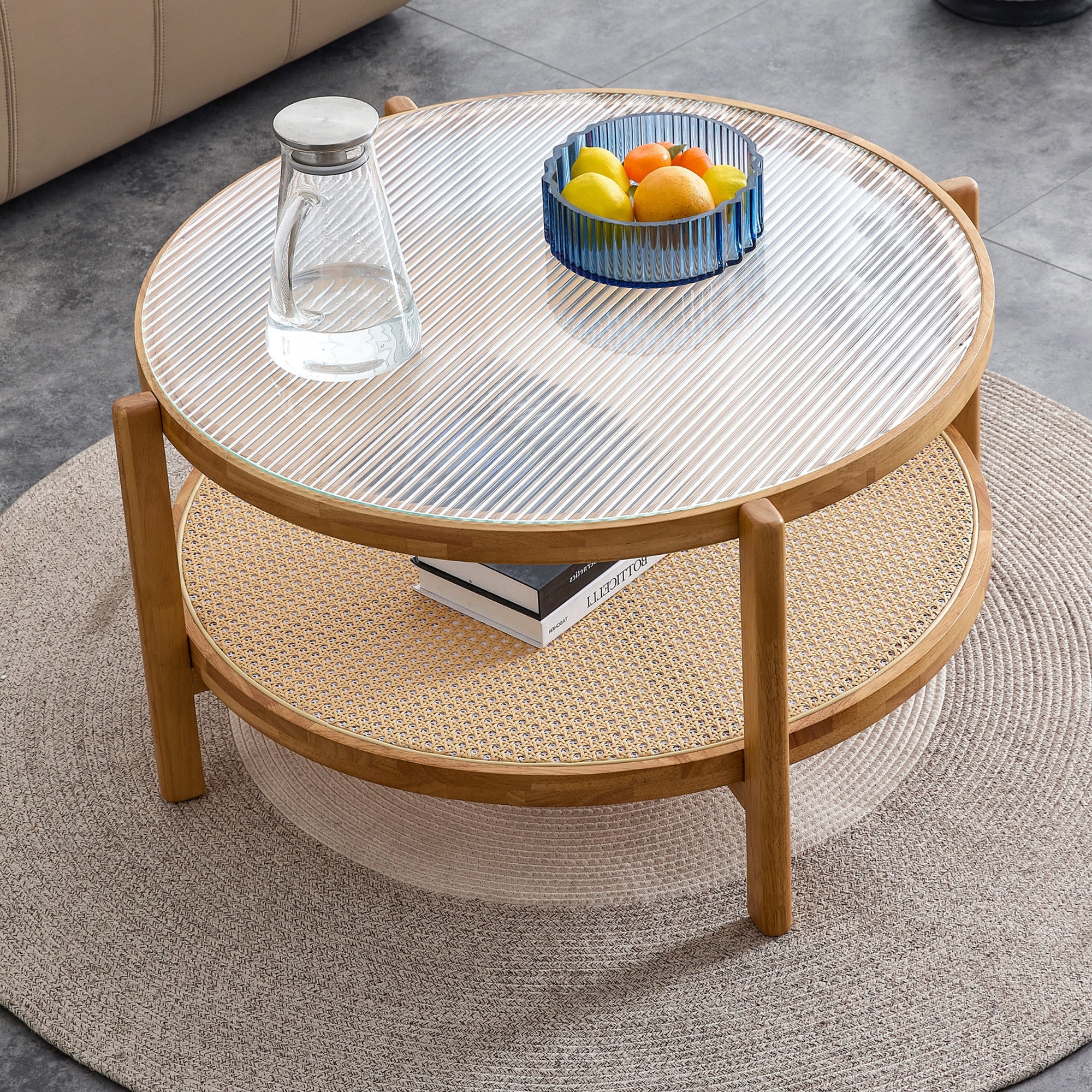 Modern simple circular double-layer solid wood tea table rattan woven