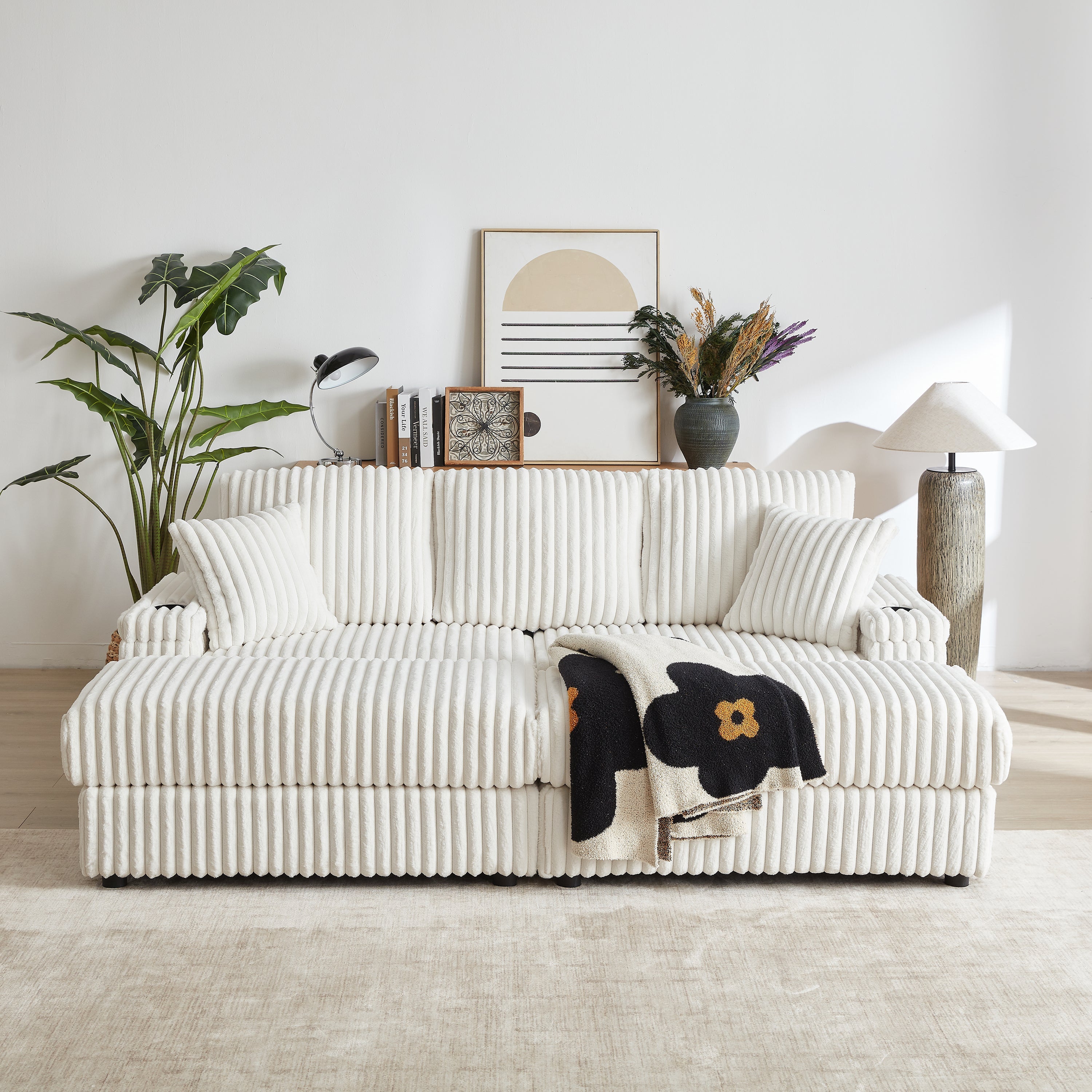 84Inch Corduroy 3-seater sofa With 3 back pillows ,2 toss pillows , a