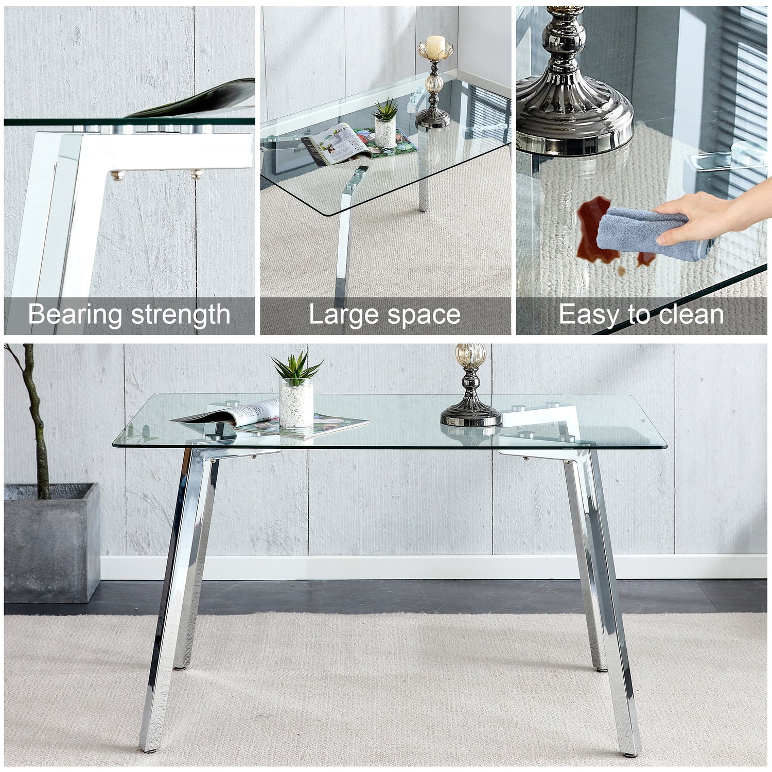 Glass Dining Table Modern Minimalist Rectangular for 4-6 with 0.31&