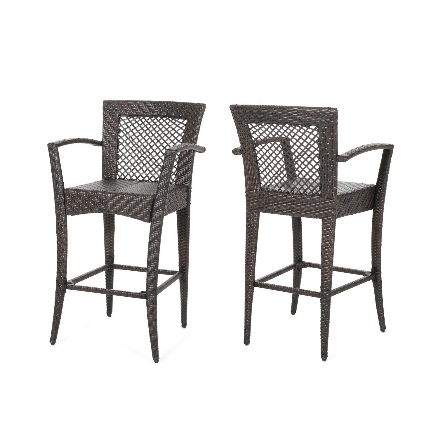 Outdoor PE rattan Barstools with Iron Frame (Set of 2), Multi Brown