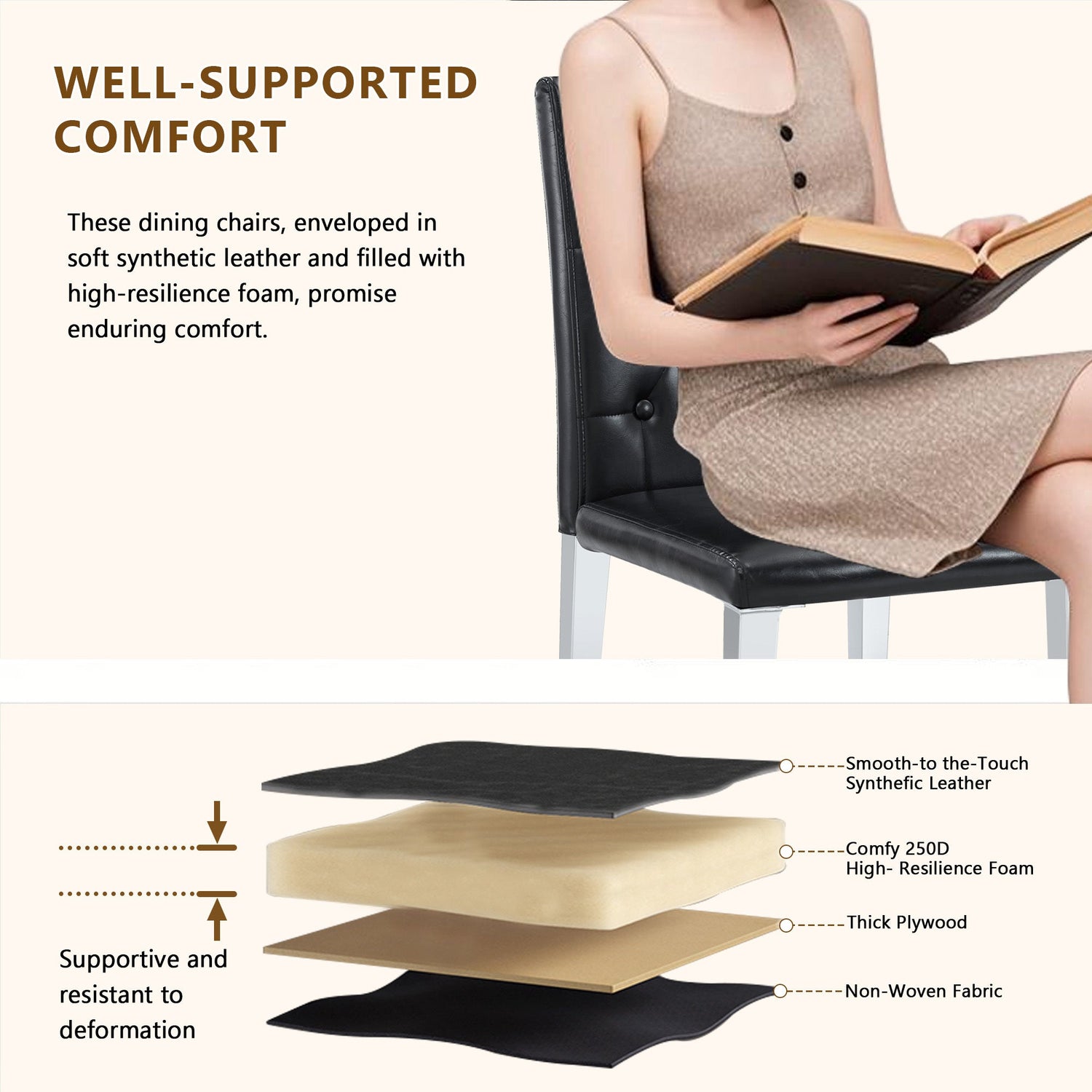 4-pack black PU dining chairs: ergonomic buckle backrest, 35 inches