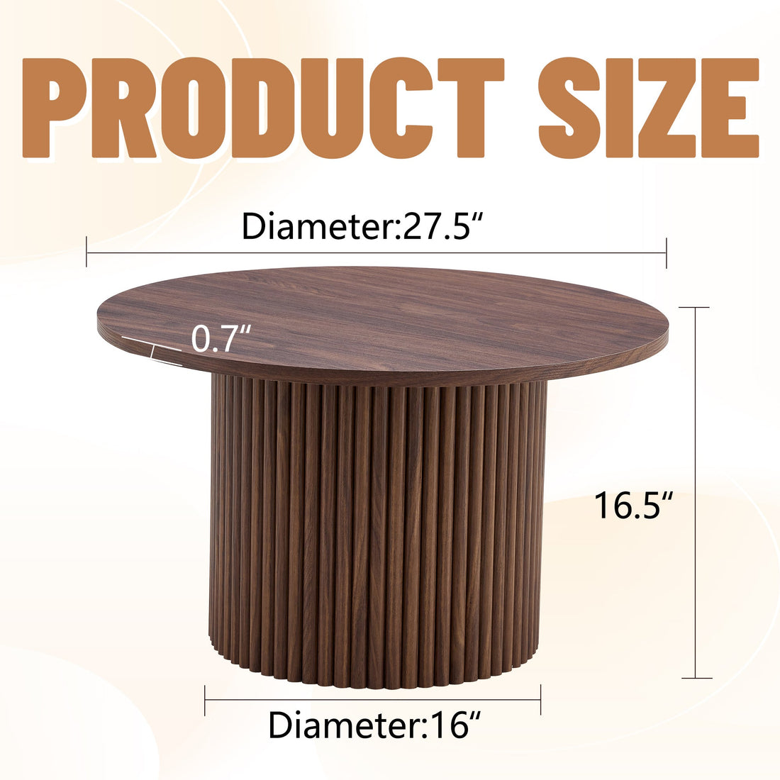 A modern circular coffee table with a diameter of 27.5 inches. MDF