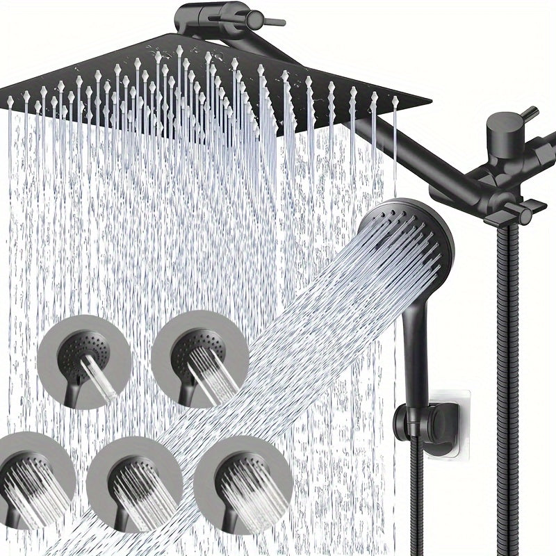 1pc High-Pressure Rain Shower Head Set - 8-Inch Stainless Steel Showerhead with 11-Inch Adjustable Extension Arm, 5-Setting Handheld Showerhead, Powerful Low-Pressure Water Spray, Matte Black Finish, Wall Mount, Durable and C