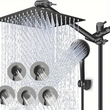 1pc High-Pressure Rain Shower Head Set - 8-Inch Stainless Steel Showerhead with 11-Inch Adjustable Extension Arm, 5-Setting Handheld Showerhead, Powerful Low-Pressure Water Spray, Matte Black Finish, Wall Mount, Durable and C