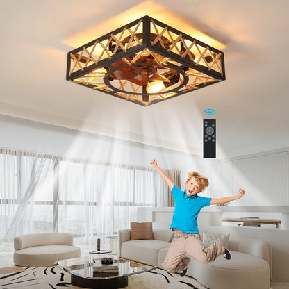 Farmhouse Rustic Ceiling Fan and Remote Control,Square Caged