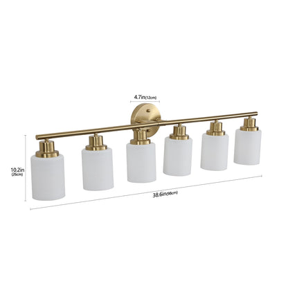6-Light Golden Bathroom Vanity Light Fixture, Frosted Glass Shades,