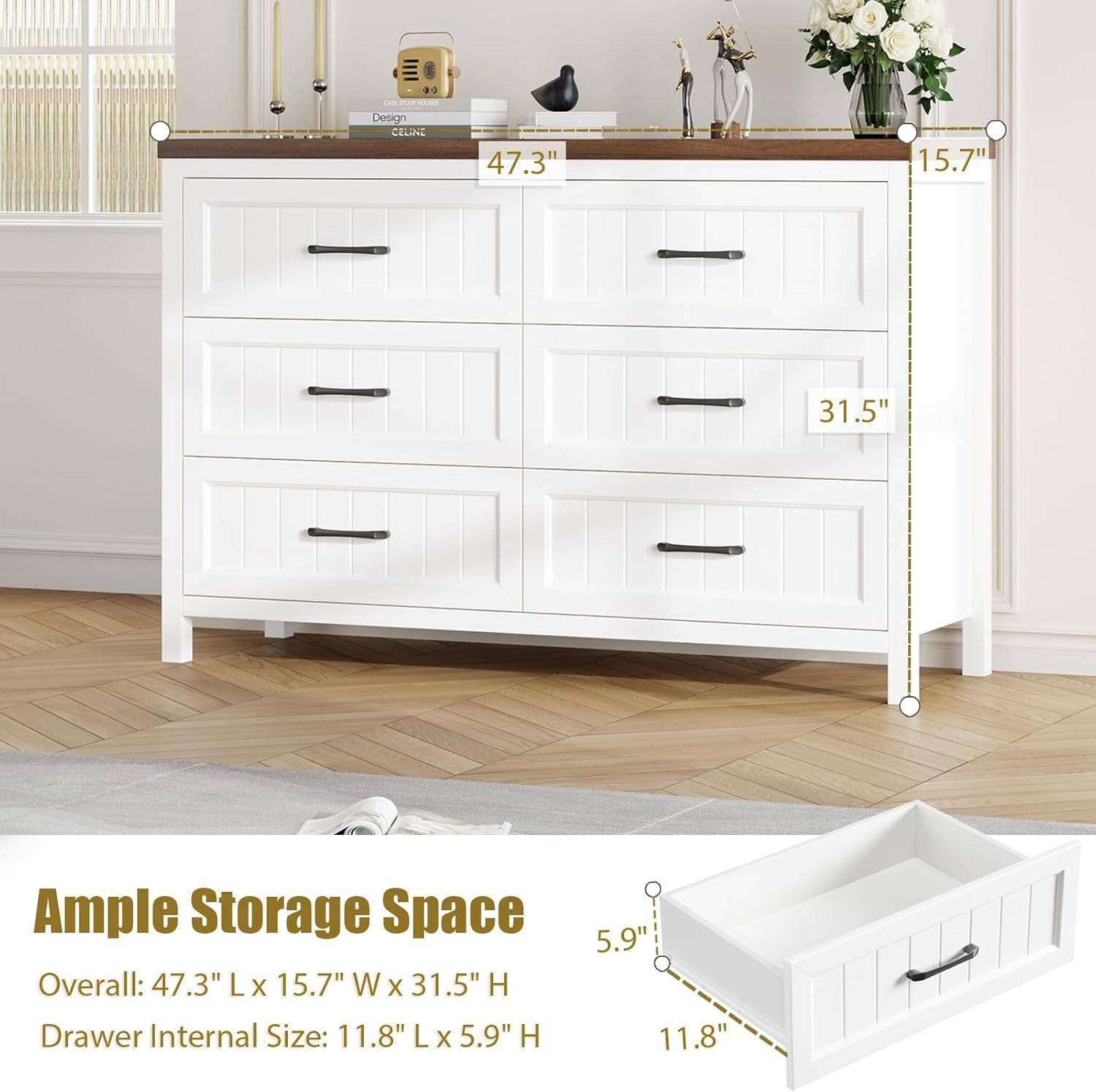Farmhouse Dresser 6 Drawer Dresser for Bedroom, Large Wooden Dressers