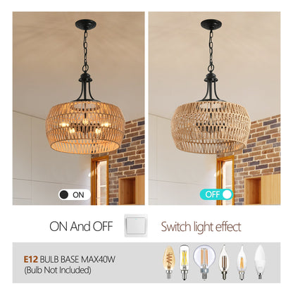 Boho Hemp Rope Pendant Light, Hand-Woven Jute Hanging Lamp with