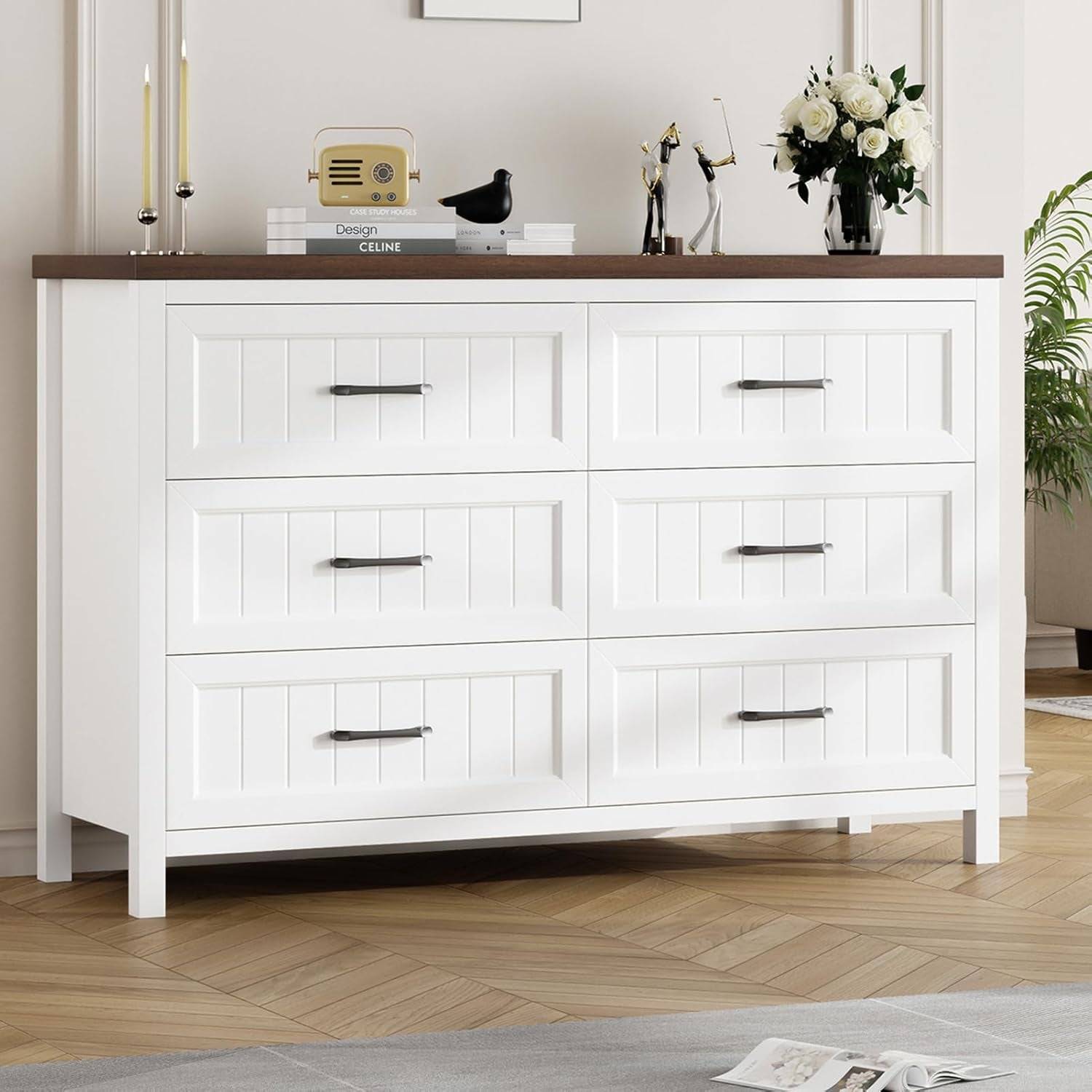 Farmhouse Dresser 6 Drawer Dresser for Bedroom, Large Wooden Dressers