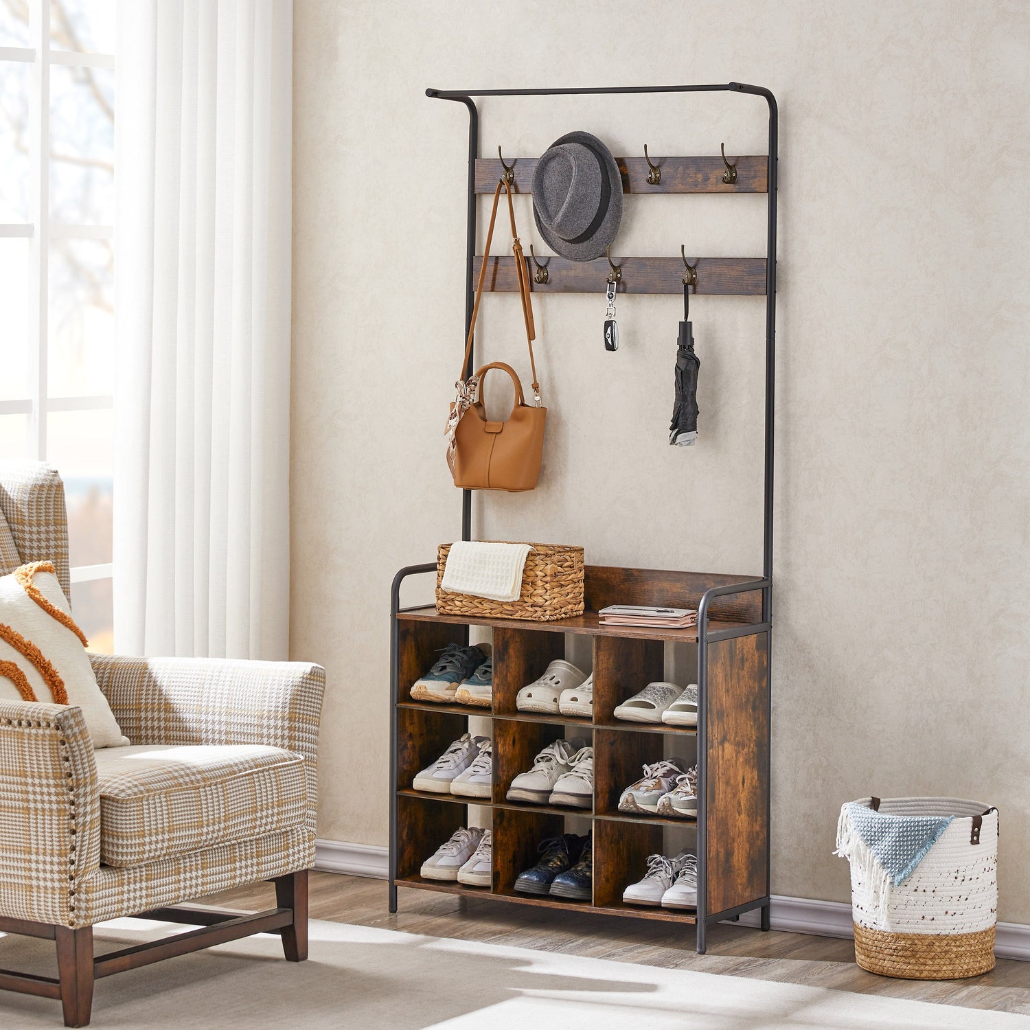 Coat Rack, Hall Tree with Shoe Rack for Entryway, 3-in-1 Entryway Coat