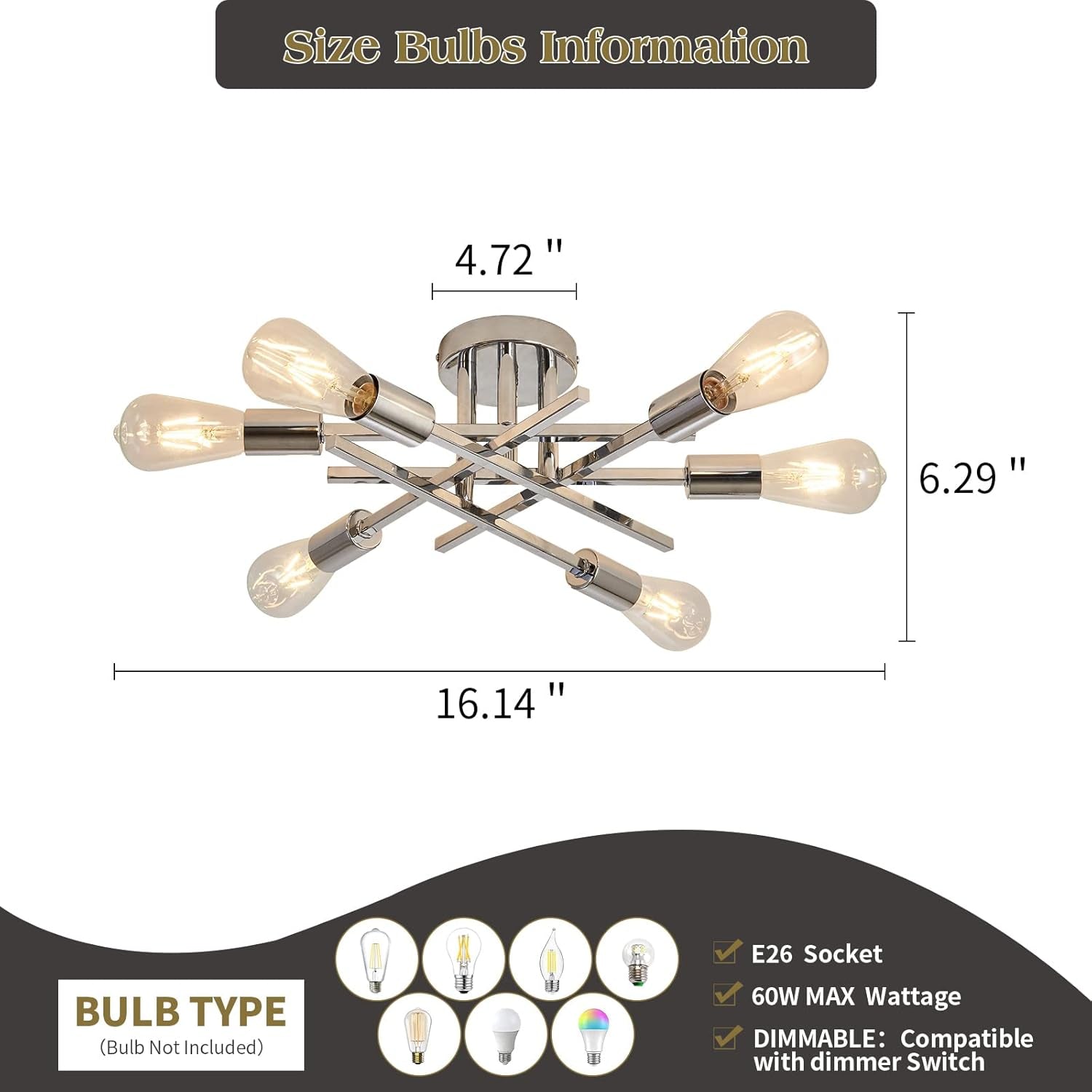 6-Lights Semi Flush Mount Ceiling Light Fixture Modern Chrome Matte