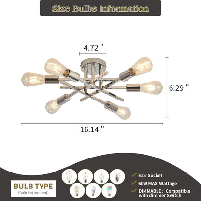 6-Lights Semi Flush Mount Ceiling Light Fixture Modern Chrome Matte