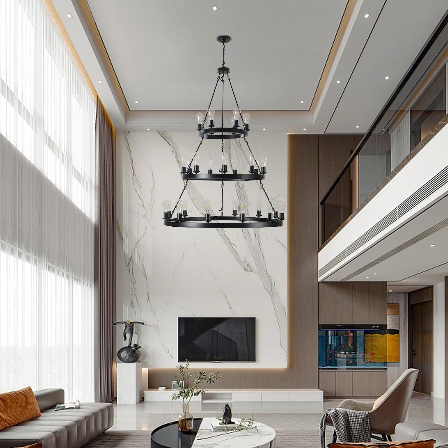 27 Light Metal Ring Chandelier Black
