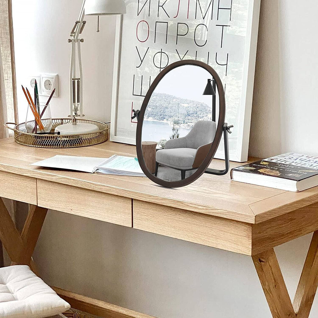 Vintage Bronze Wood Framed Makeup Mirror