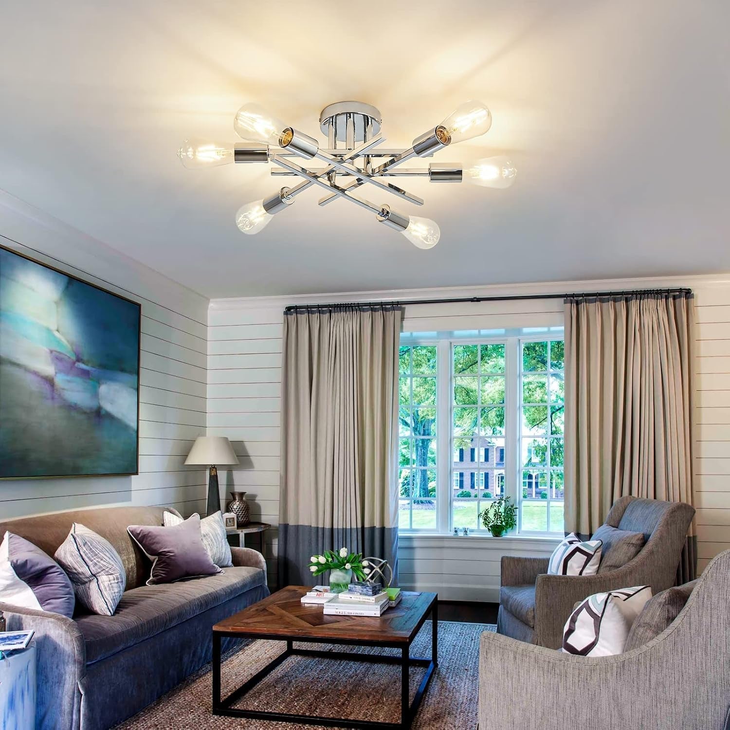 6-Lights Semi Flush Mount Ceiling Light Fixture Modern Chrome Matte