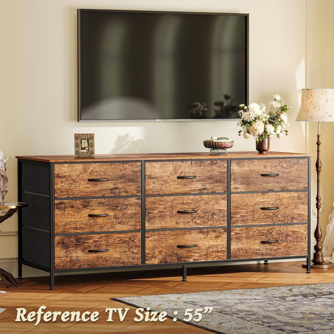 9 Drawer Dresser, 55 Inch Dresser TV Stand for 55, 60 Inch TV,