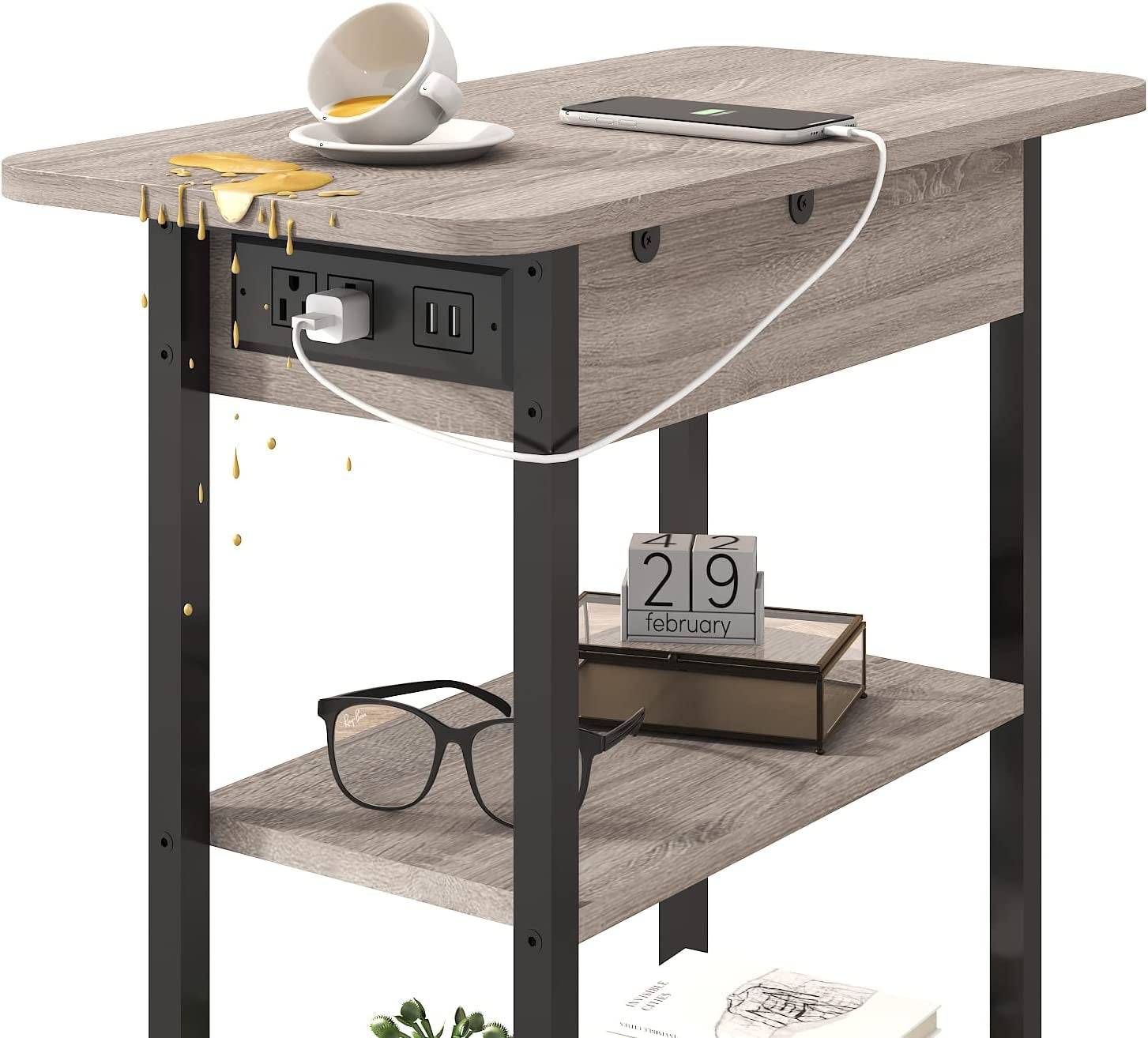 End Table with Charging Station, Flip Top Side Table for Small Spaces,