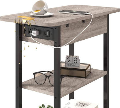 End Table with Charging Station, Flip Top Side Table for Small Spaces,