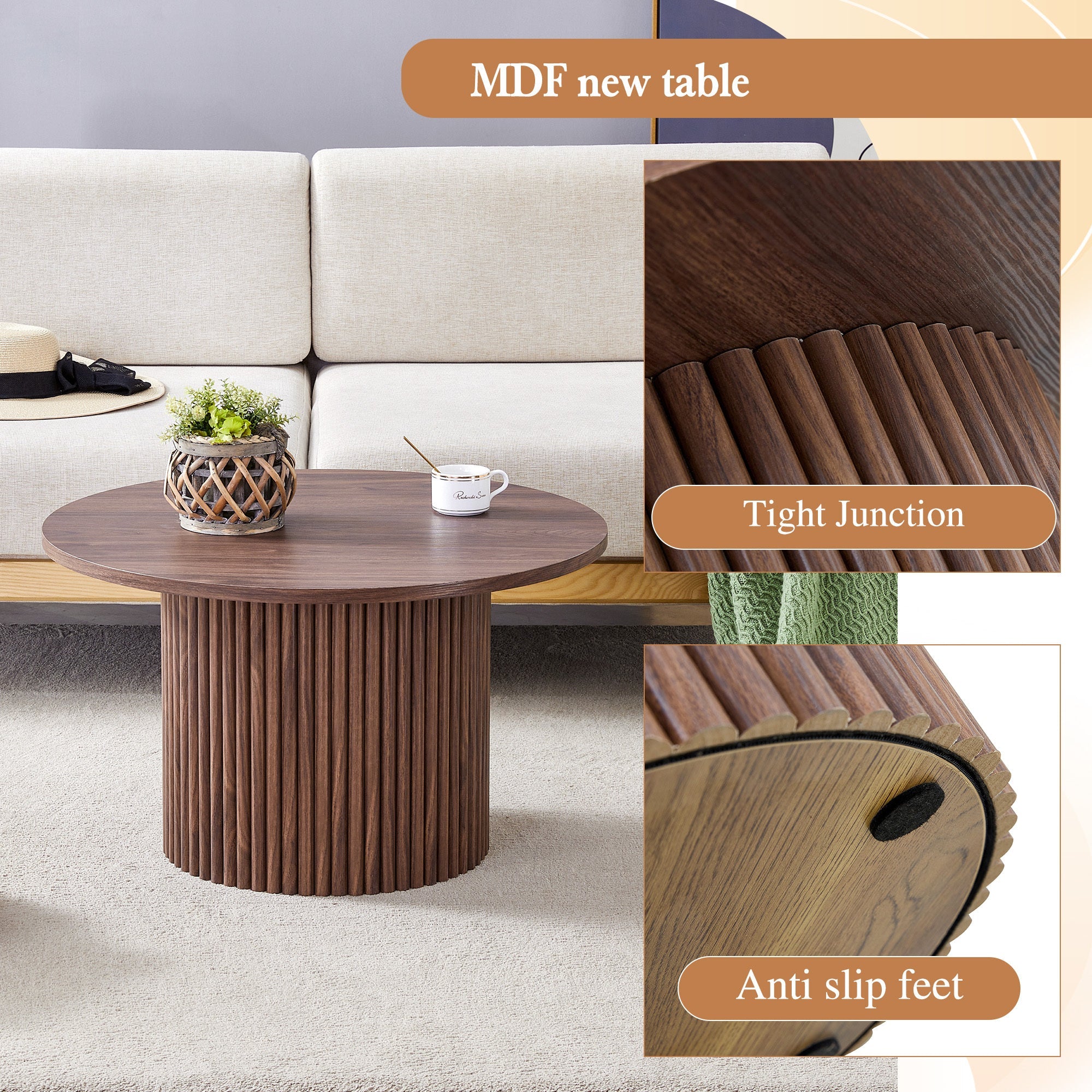A modern circular coffee table with a diameter of 27.5 inches. MDF