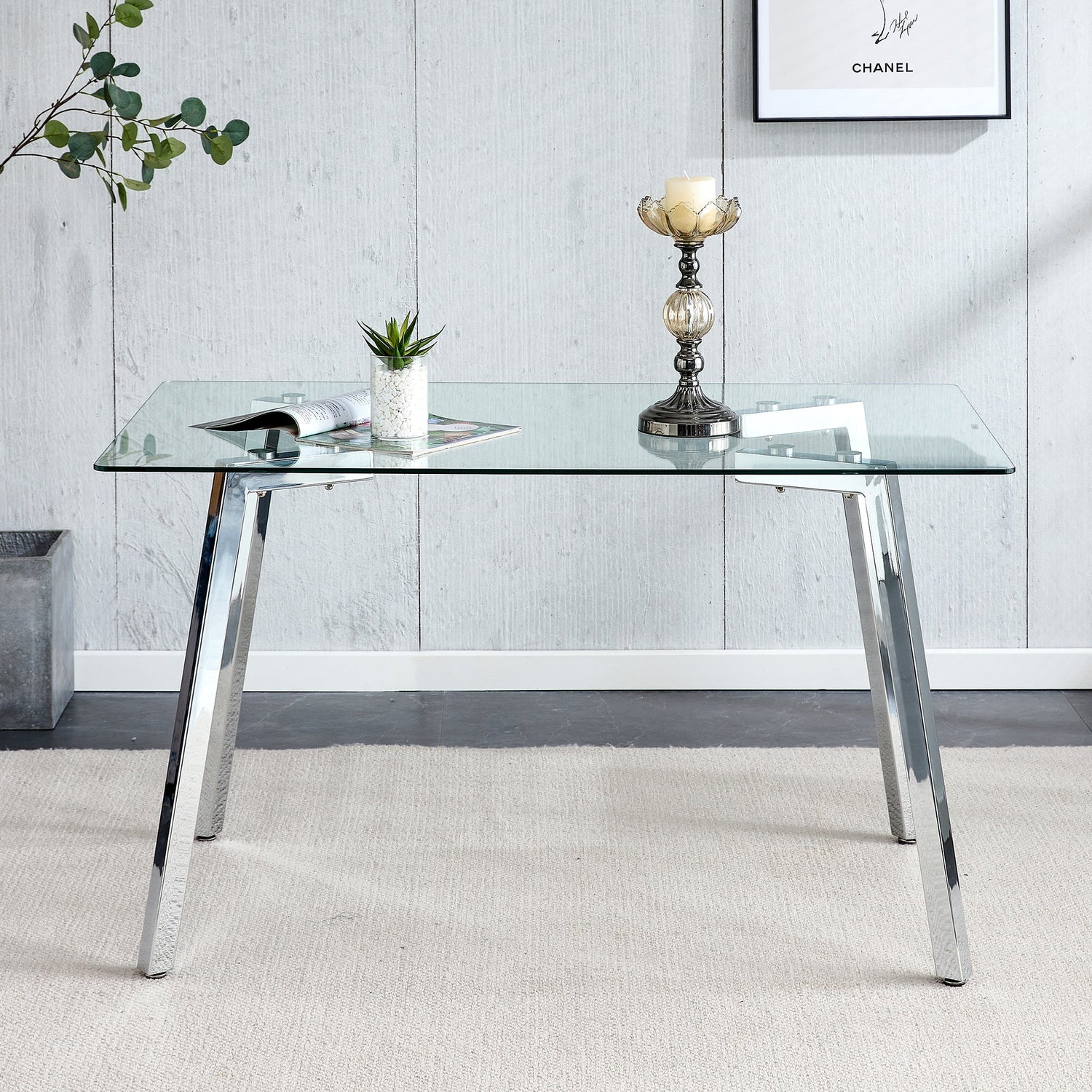 Glass Dining Table Modern Minimalist Rectangular for 4-6 with 0.31&