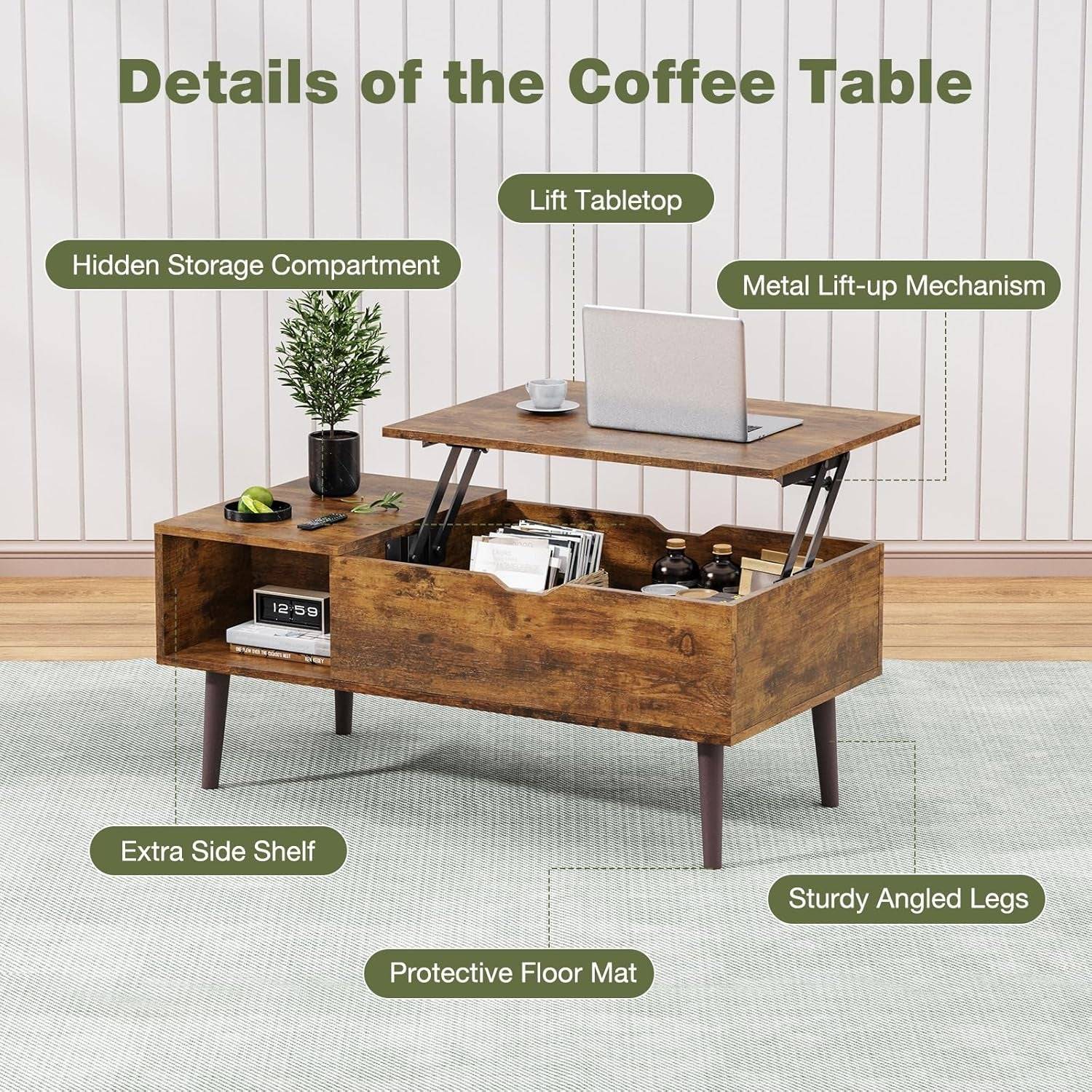 Wood Lift Top Coffee Table with Hidden Compartment and Large Storage