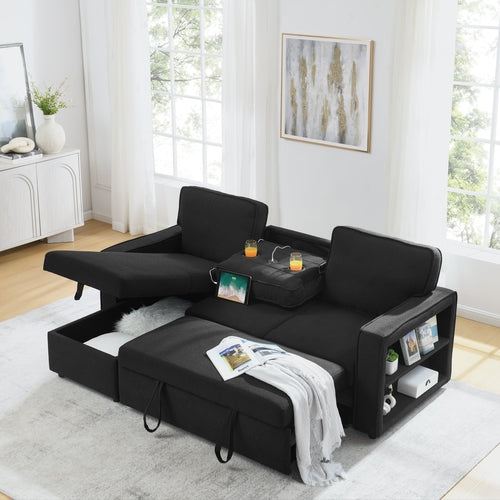 Linen Upholstered Sleeper Sectional Sofa, Shaped Modular Convertible